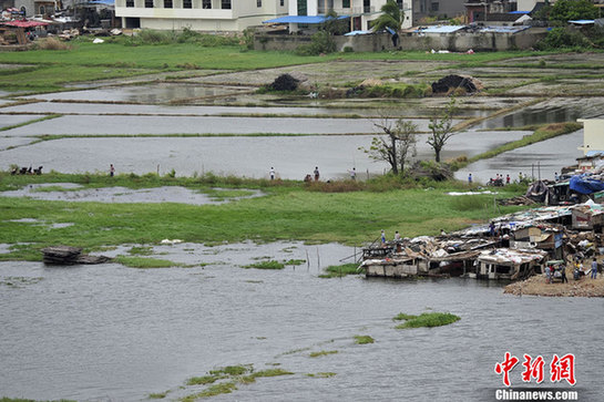 臺(tái)風(fēng)山神過(guò)境三亞大風(fēng)暴雨 市民街上下網(wǎng)捕魚