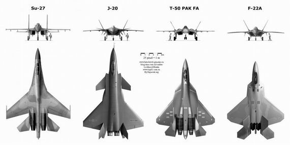 資料圖：殲-20戰(zhàn)機(jī)與蘇-27、T-50、F-22A對比圖。